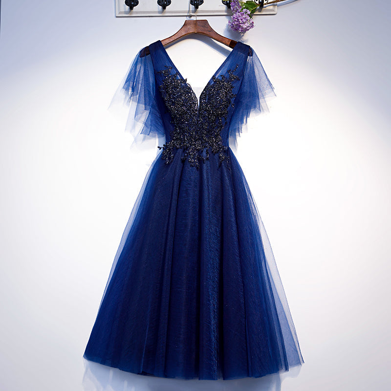 Robe de bal courte en tulle bleu à col en V s94