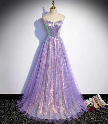Robe de bal longue en tulle violet à sequins, robe de soirée s84