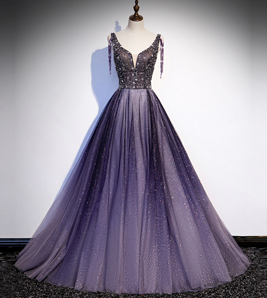 Vestido largo de fiesta de noche con tul morado, escote en V y cuentas, modelo s104