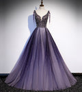 Vestido largo de fiesta de noche con tul morado, escote en V y cuentas, modelo s104