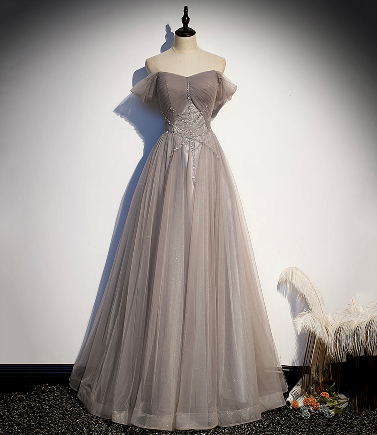 Elegante vestido largo de fiesta de tul y encaje, corte en A, talla 67