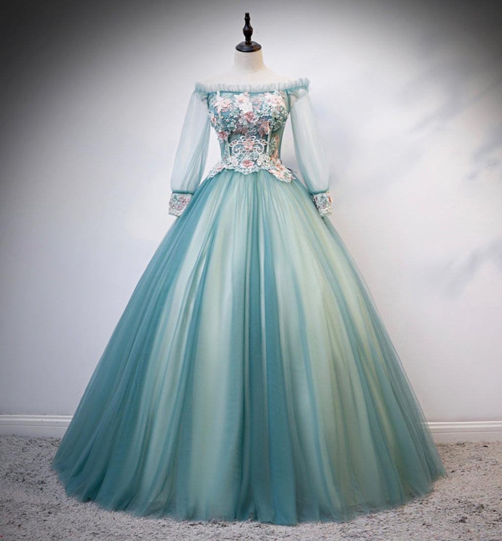 Robe de bal longue en tulle et dentelle verte, robe de soirée s107
