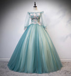 Robe de bal longue en tulle et dentelle verte, robe de soirée s107