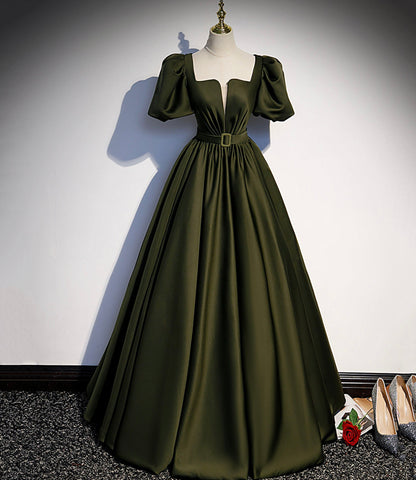 Robe de bal longue en satin vert, coupe trapèze, taille 87