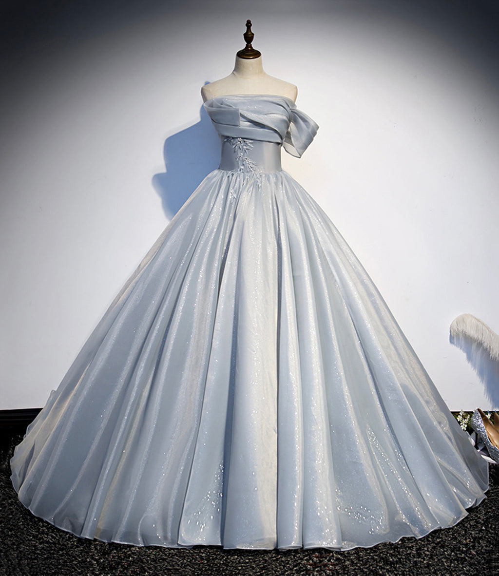 Robe de bal longue en tulle et dentelle grise, robe de soirée s91