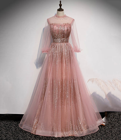 Robe de bal longue en tulle rose à sequins, robe de soirée rose s109