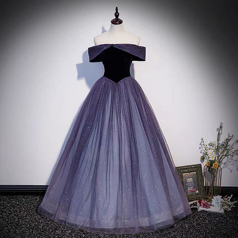 Robe de bal longue en tulle violet, robe de soirée trapèze s66