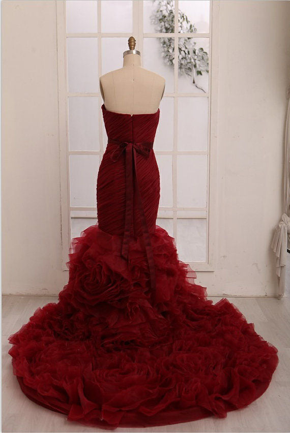 Vestidos largos de sirena rojos para baile de graduación, preciosos vestidos de noche, vestidos de noche sin tirantes con escote corazón Y1441