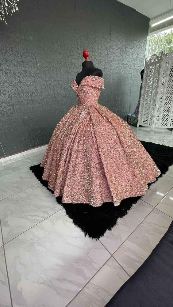 Vestido de gala brillante con lentejuelas y hombros descubiertos para quinceañera Y1393