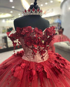 Vestido de quinceañera brillante con hombros descubiertos, flores 3D y cola, vestido de baile Y1448