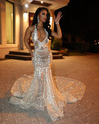 Vestido de noche sirena brillante con escote en V y cola. Impresionante vestido de noche sirena Y1373