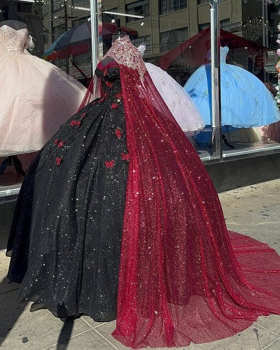 Vestido de quinceañera negro brillante con mariposas burdeos, vestido de gala Sweet 16 Y1415