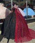 Vestido de quinceañera negro brillante con mariposas burdeos, vestido de gala Sweet 16 Y1415