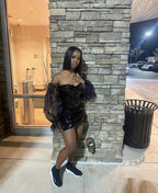Vestido corto de lentejuelas negras para fiesta de 18 cumpleaños para chicas negras, con mangas desmontables Y1384