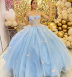 Vestido de hada, vestido de baile azul sin mangas con mariposas rosas Y1387