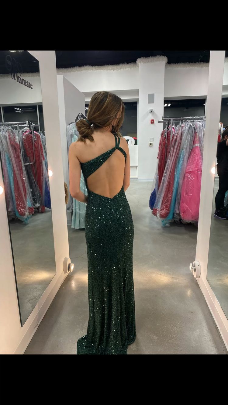 Robe de soirée longue asymétrique verte à une épaule, dos nu, Y1395