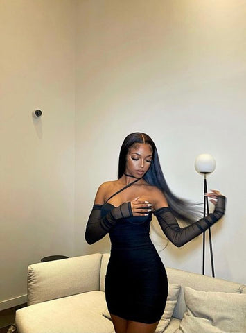 Vestido negro sexy para cumpleaños número 21, vestido negro corto para fiesta de bienvenida Y1231