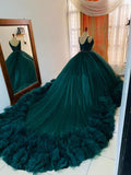 Impresionante vestido de gala de tul con espalda de encaje, vestido de princesa color verde azulado con volantes Y1233