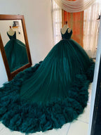 Impresionante vestido de gala de tul con espalda de encaje, vestido de princesa color verde azulado con volantes Y1233