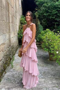 Elegante vestido de fiesta de gasa con cuello halter y espalda descubierta con capas Y1232