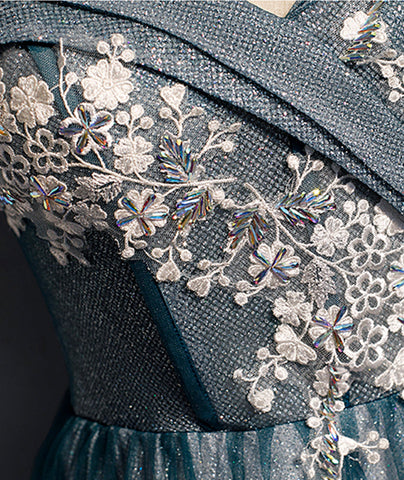 Blue tulle lace long prom dress off shoulder evening dress s105