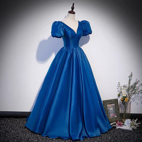 Blue saitn long prom dress A line evening gown s64