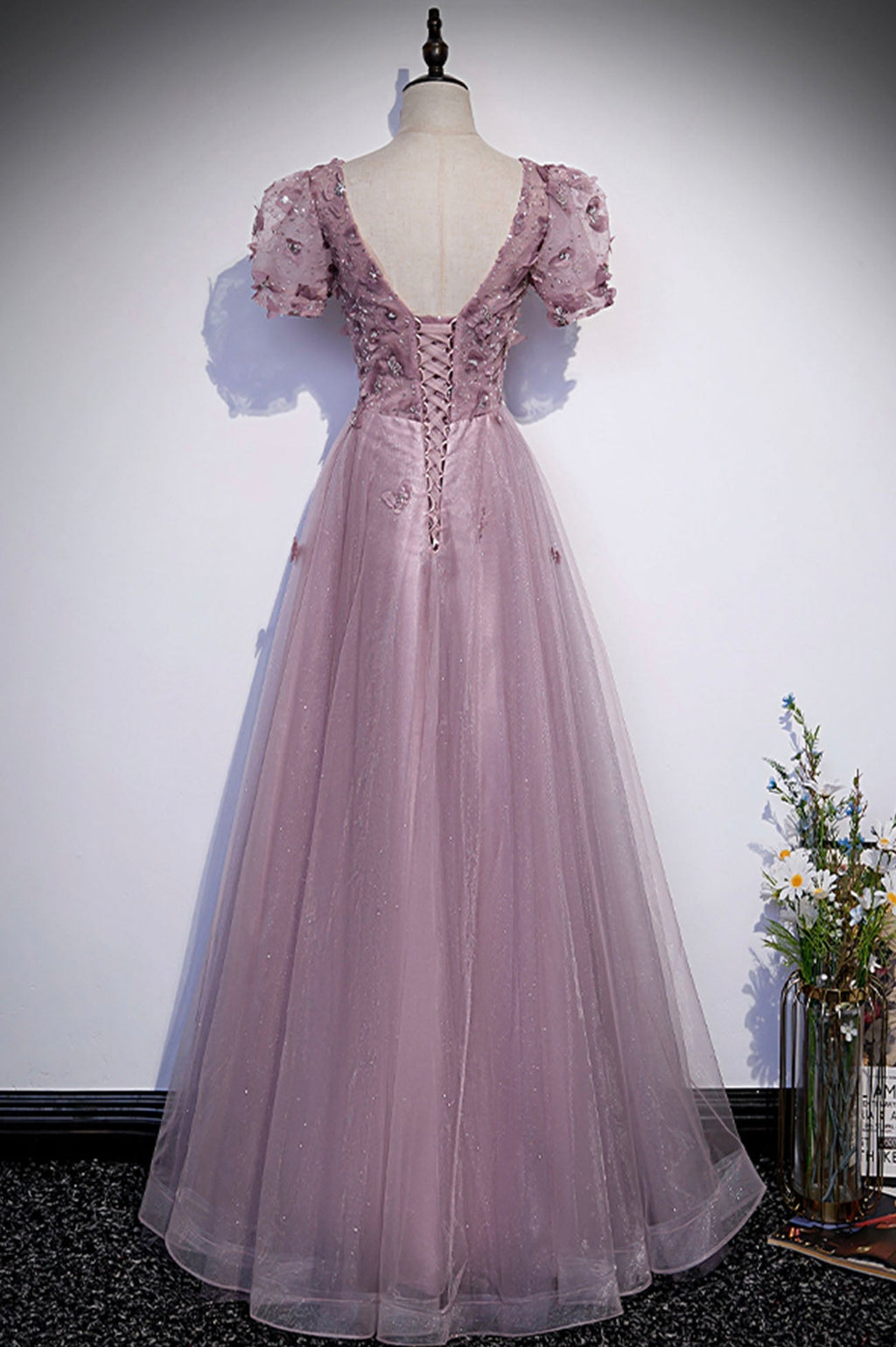 Vestido largo de fiesta rosa con lentejuelas y tul, vestido de noche rosa s61