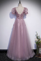 Vestido largo de fiesta rosa con lentejuelas y tul, vestido de noche rosa s61