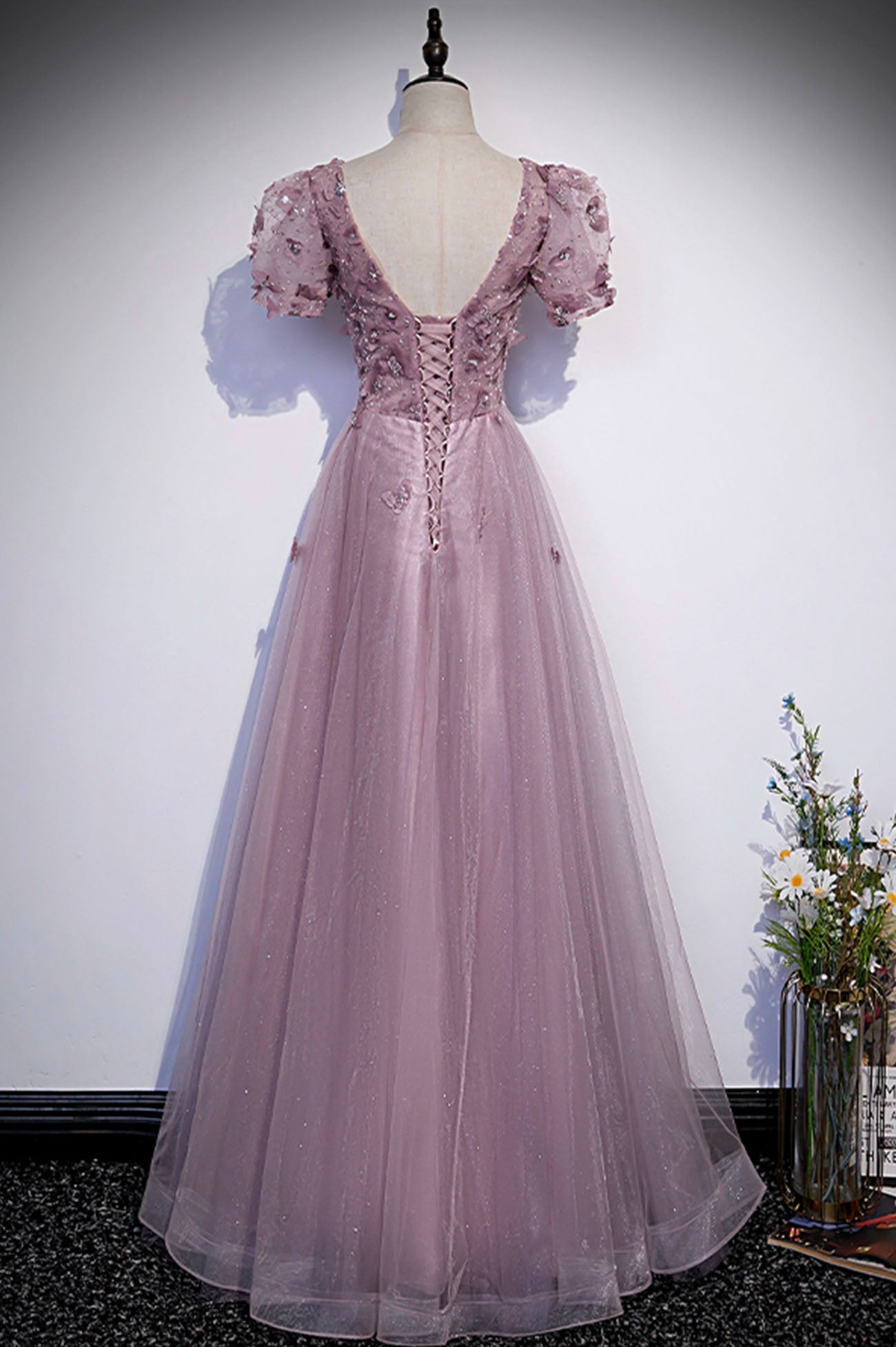Vestido largo de fiesta rosa con lentejuelas y tul, vestido de noche rosa s61