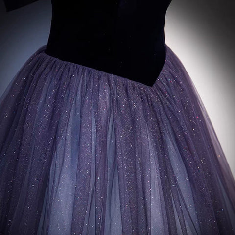 Robe de bal longue en tulle violet, robe de soirée trapèze s66