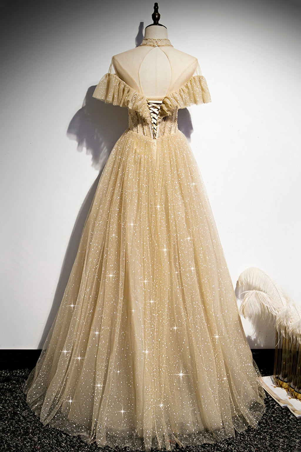 Robe de bal longue à sequins dorés, coupe trapèze, référence 78
