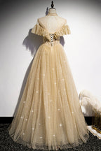 Robe de bal longue à sequins dorés, coupe trapèze, référence 78