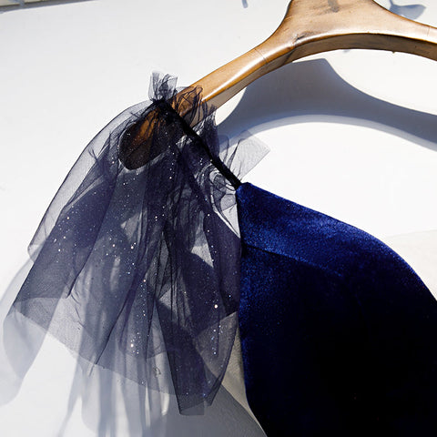 Vestido corto de fiesta de bienvenida con escote en V, tul y top de terciopelo azul, talla 98