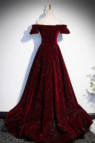 Robe de bal longue en velours bordeaux, robe de soirée trapèze s53