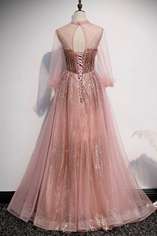 Robe de bal longue en tulle rose à sequins, robe de soirée rose s109