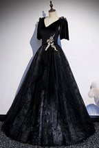 Black velvet lace long prom dress evening dress s103