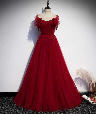 Robe de bal longue en tulle bordeaux, robe de soirée s82