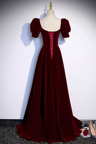 Robe de bal longue en velours bordeaux, robe de soirée s88