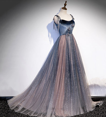 Blue tulle sequins long prom dress evening dress s80