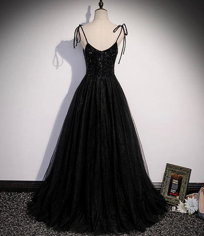 Black tulle beads long prom dress A line evening dress s58