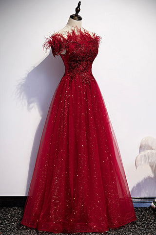Robe de soirée longue en tulle bordeaux à sequins, coupe trapèze, référence s69