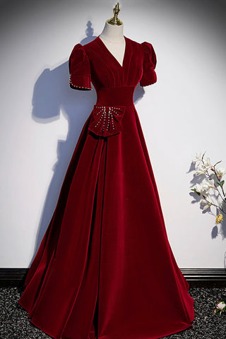 Robe de bal longue bordeaux à col en V, robe de soirée trapèze s54