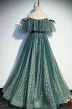 Cute tulle sequins long prom dress A line evening dress s90