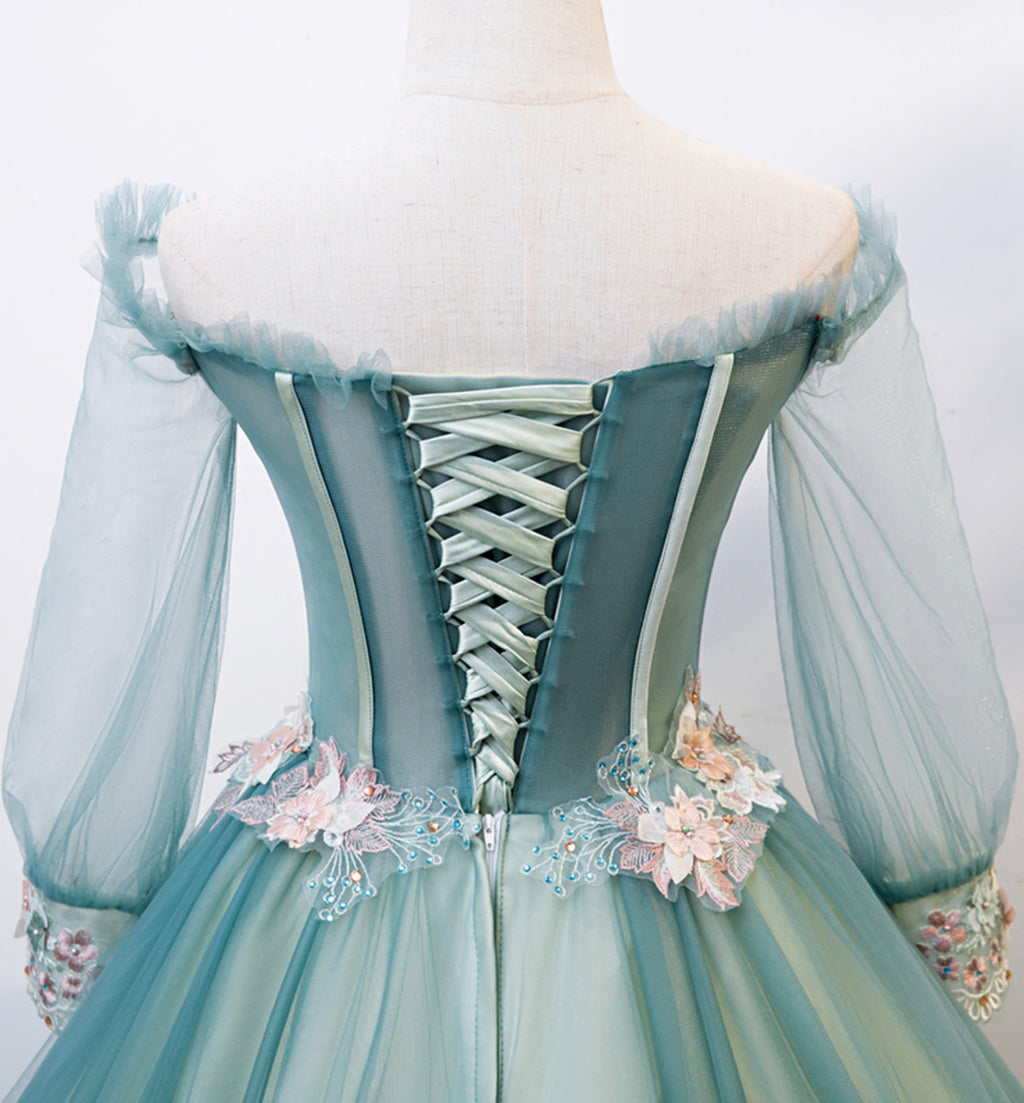 Robe de bal longue en tulle et dentelle verte, robe de soirée s107