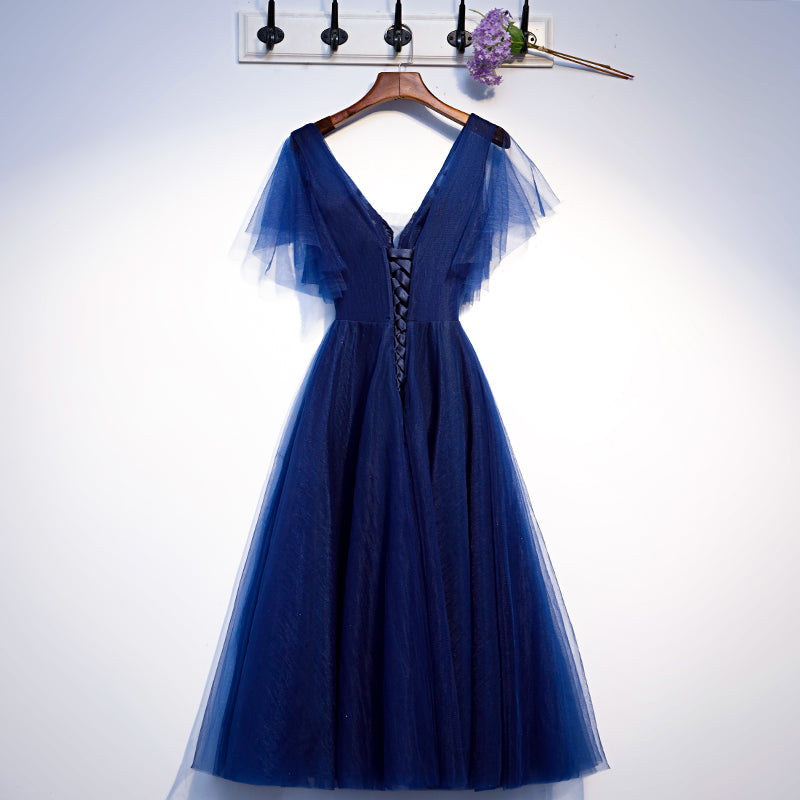 Robe de bal courte en tulle bleu à col en V s94
