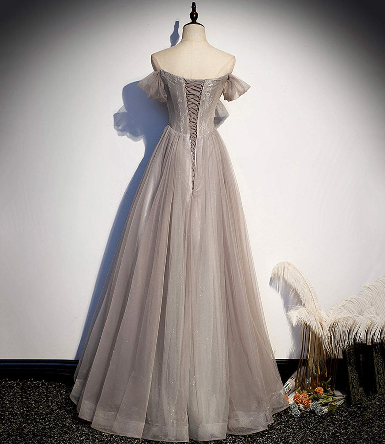 Elegante vestido largo de fiesta de tul y encaje, corte en A, talla 67