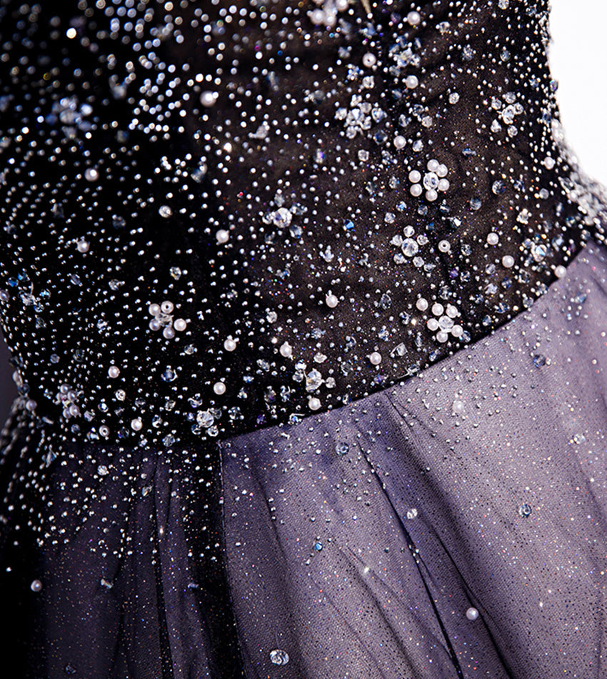 Vestido largo de fiesta de noche con tul morado, escote en V y cuentas, modelo s104