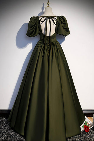 Robe de bal longue en satin vert, coupe trapèze, taille 87