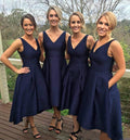 Baoleely Simple Satin V Neck Navy Blue Short Bridesmaid Dresses with Pockets
