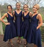 Baoleely Simple Satin V Neck Navy Blue Short Bridesmaid Dresses with Pockets